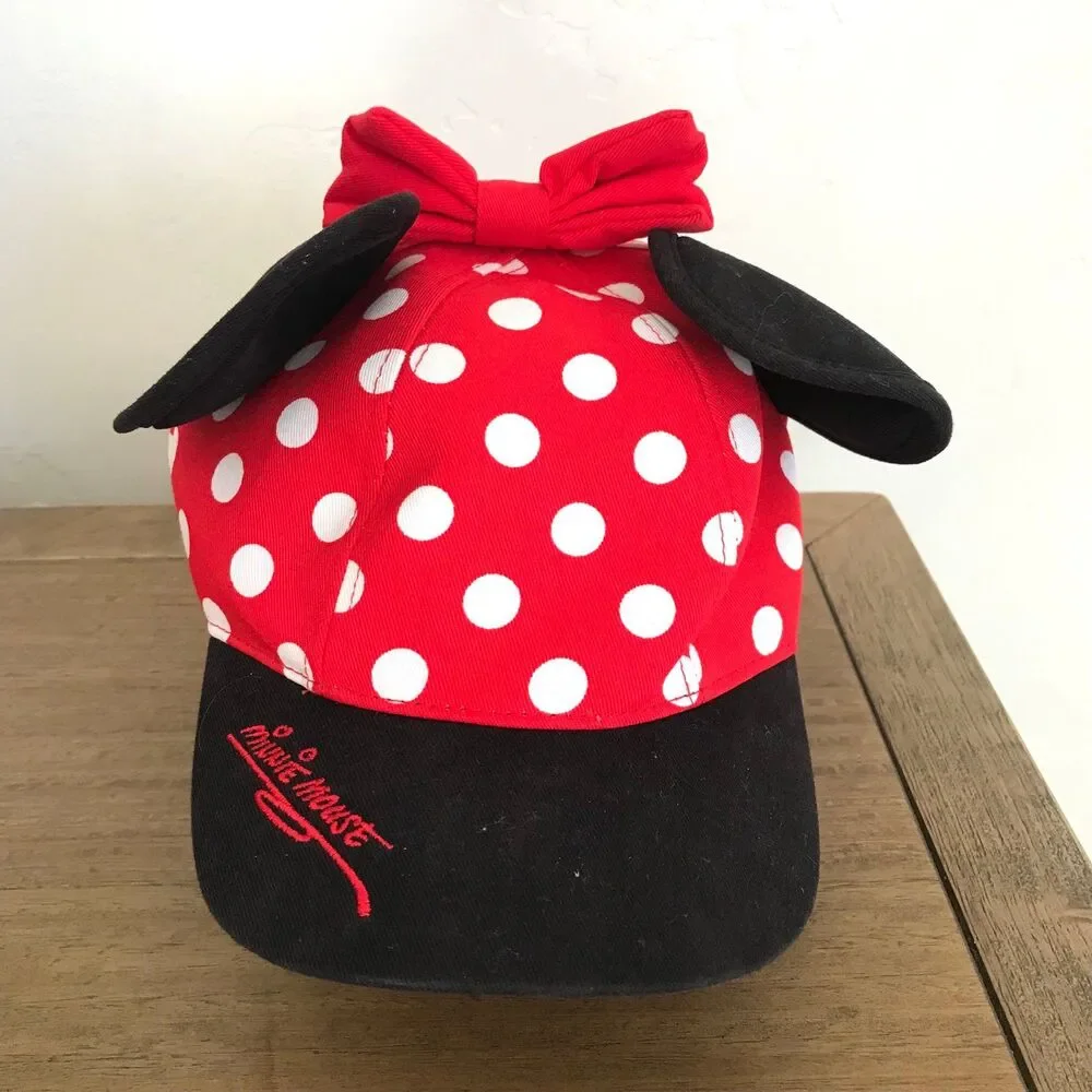 Disney Parks Girls Minnie Mouse Red & Black Polka Dot Baseball Hat Cap Ears Bow